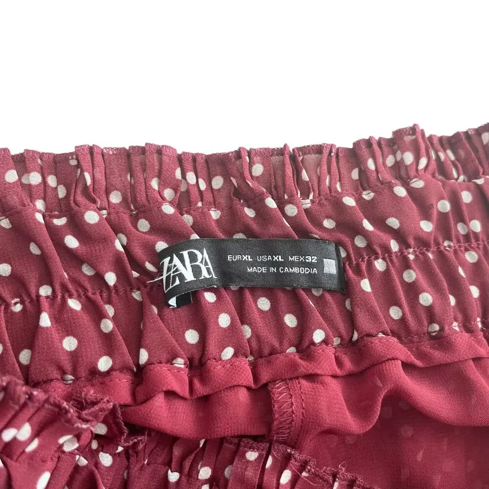 Zara Burgundy Red Polka Dot Print Pleated Tie Waist Maxi Skirt Size XL